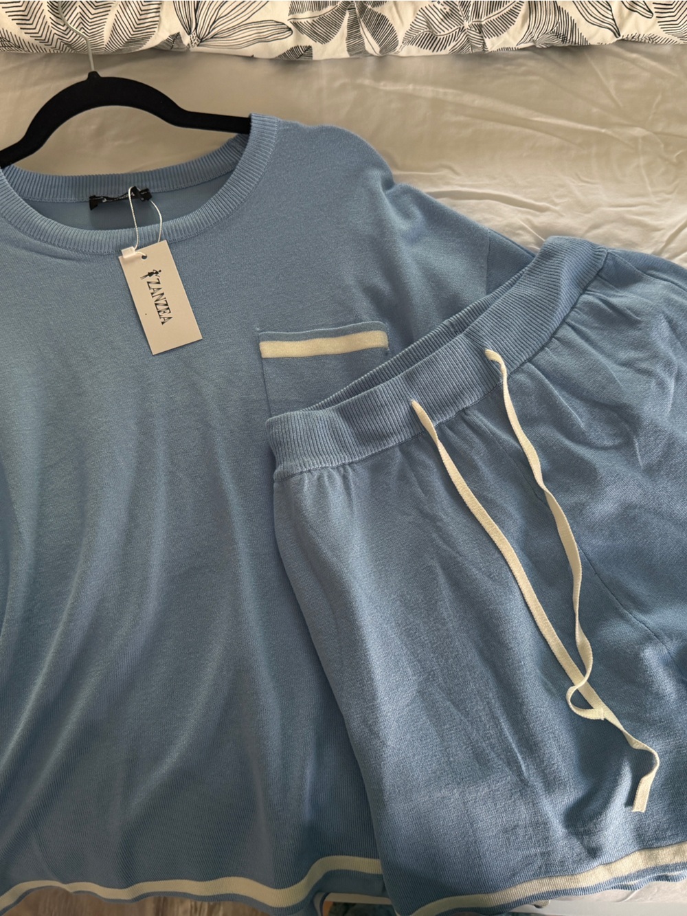 Zanzea Light Blue Crewneck Knit Top with Cream Trim